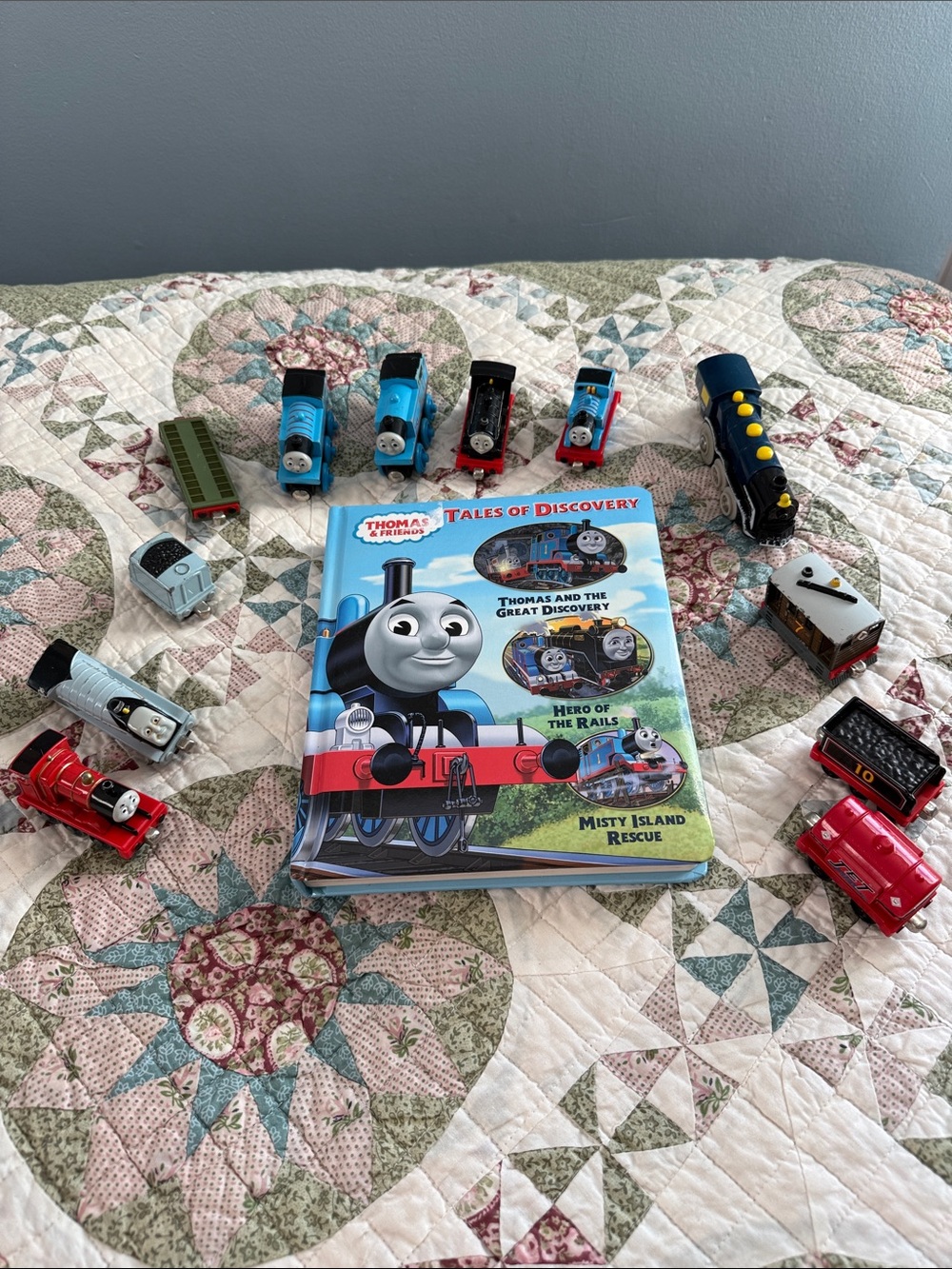 Thomas & Friends Book and Assorted Blue and Red Toy Trains